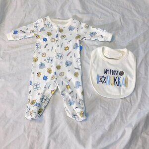 Baby First Hanukkah Pajamas w/Feet & Bib 2pce Newborn Jewish Judaism Unisex NEW